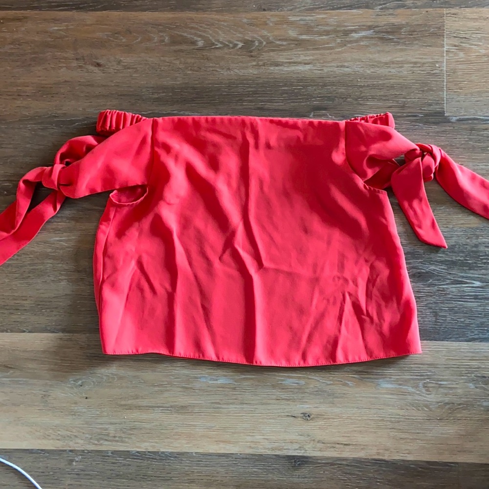 NWT TopShop Tie Sleeve Bardot Tee Top Blouse Coral
